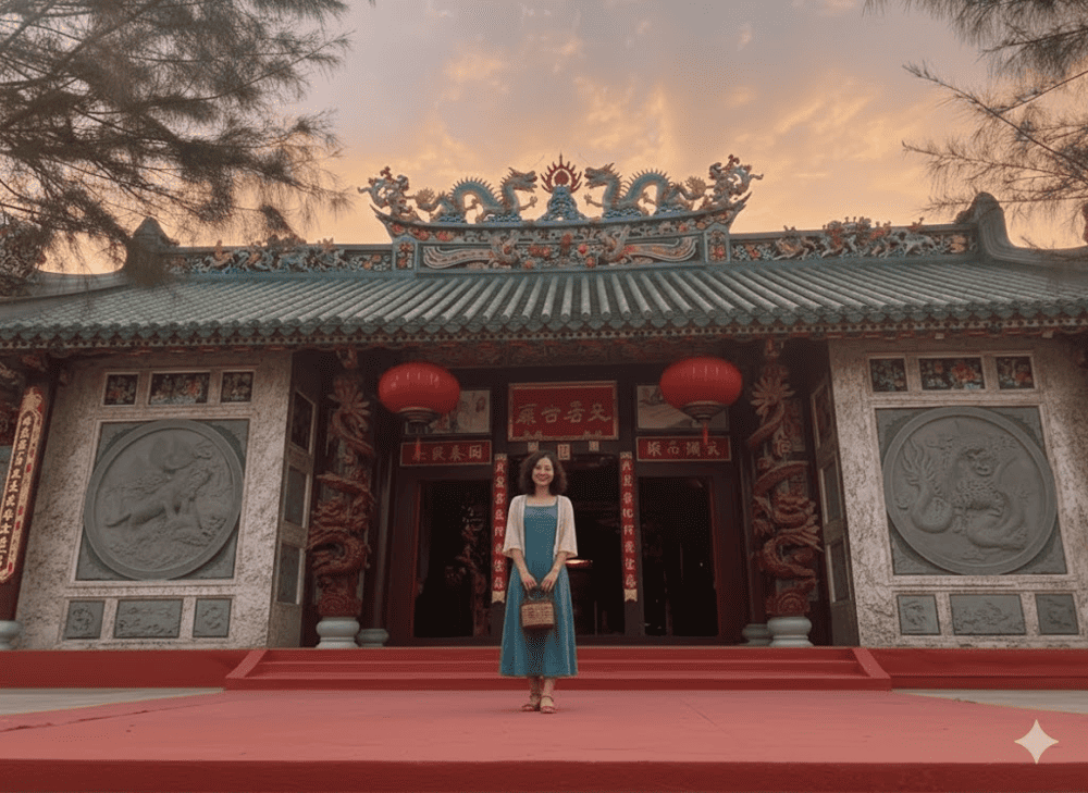 Visitors take photos at Thien Hau Pagoda